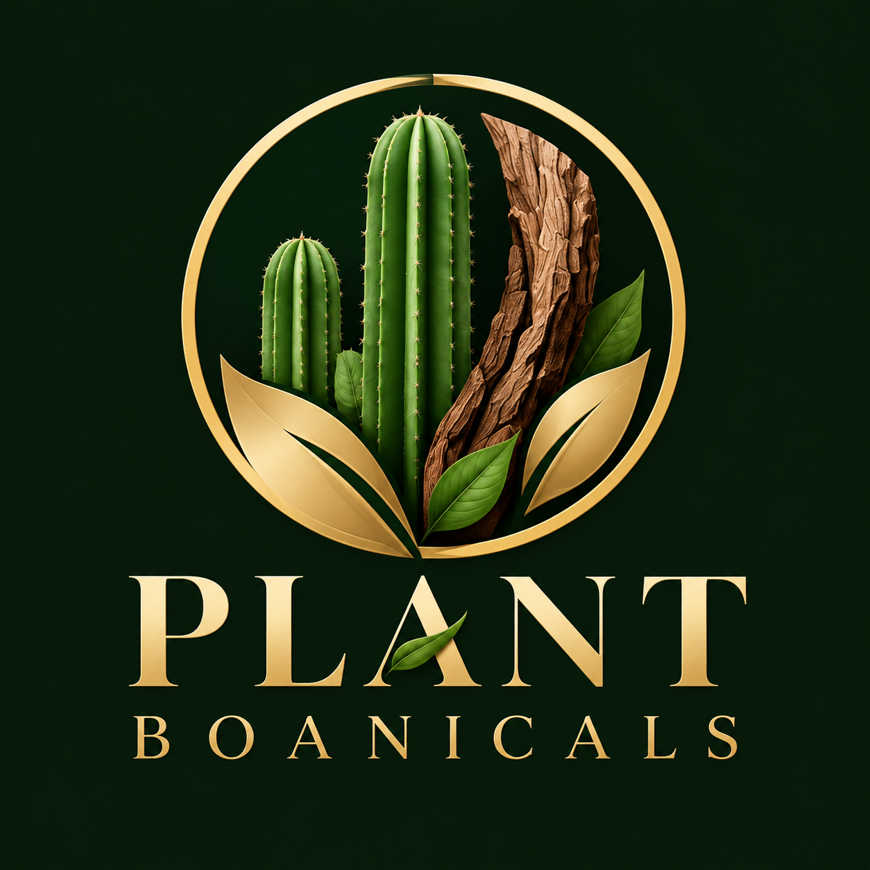 Plant Boanicals premium botanical logo featuring cactus, root bark and leaf emblem with luxury gold branding