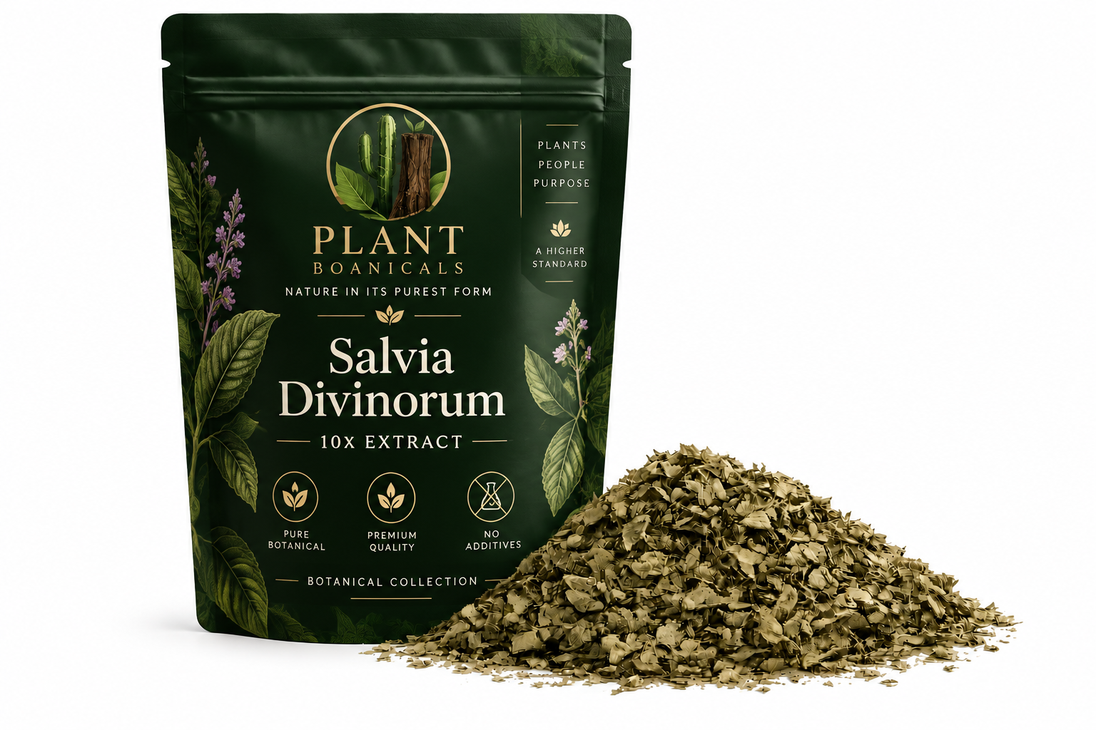 Plant Boanicals Salvia Divinorum 10X Extract premium botanical pouch featuring luxury dark green packaging and dried botanical leaves