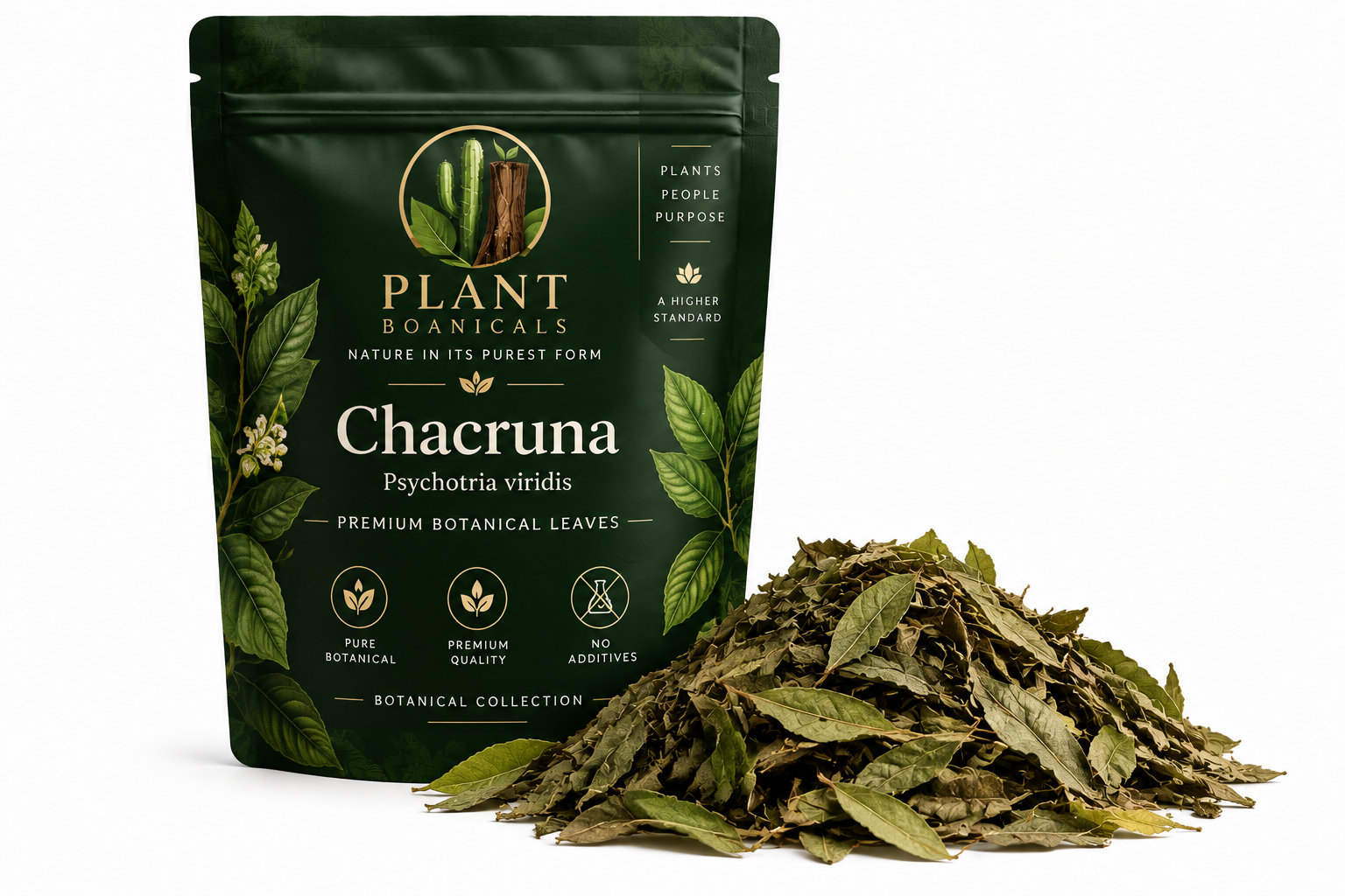 Plant Boanicals Chacruna botanical collection featuring Psychotria viridis leaves and premium ethnobotanical presentation
