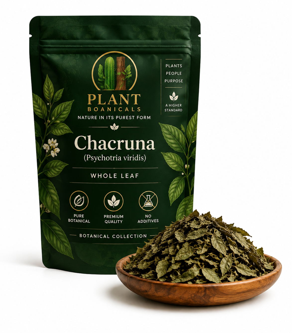 Plant Boanicals Chacruna Whole Leaf (Psychotria viridis) botanical collection featuring premium green pouch packaging and dried whole leaves
