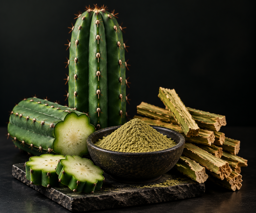 Plant Boanicals San Pedro cactus botanicals collection featuring fresh cactus sections, dried cactus pieces and premium San Pedro powder