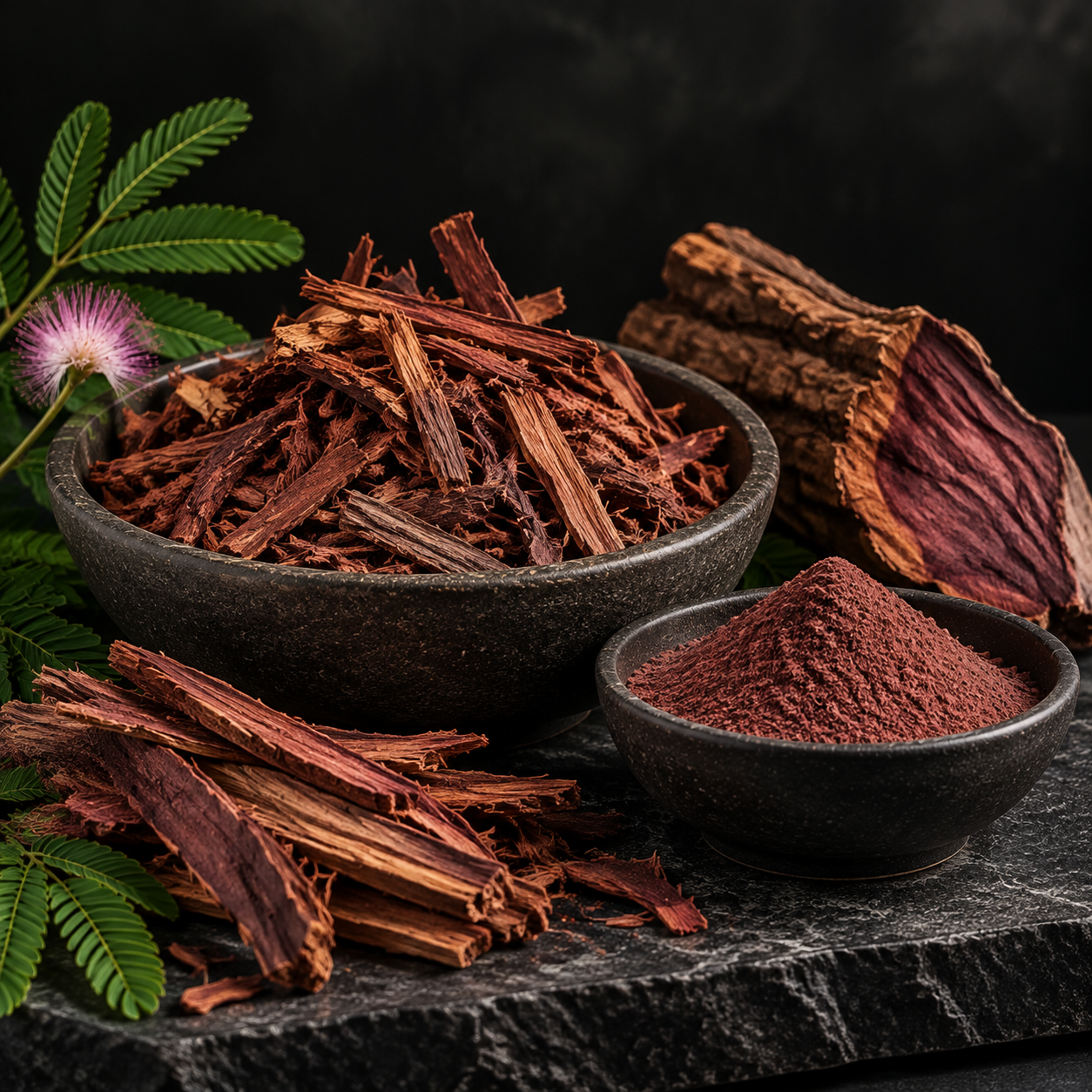 Plant Boanicals Mimosa Hostilis root bark collection featuring premium shredded root bark, whole bark pieces and natural MHRB powder