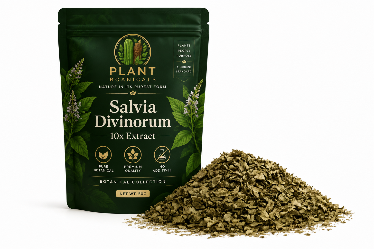 Plant Boanicals Salvia Divinorum 10X Extract botanical collection featuring premium forest green packaging and dried Salvia leaves