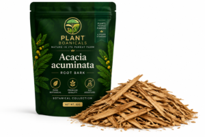 Plant Boanicals Acacia acuminata root bark botanical collection featuring premium forest green packaging and natural shredded root bark