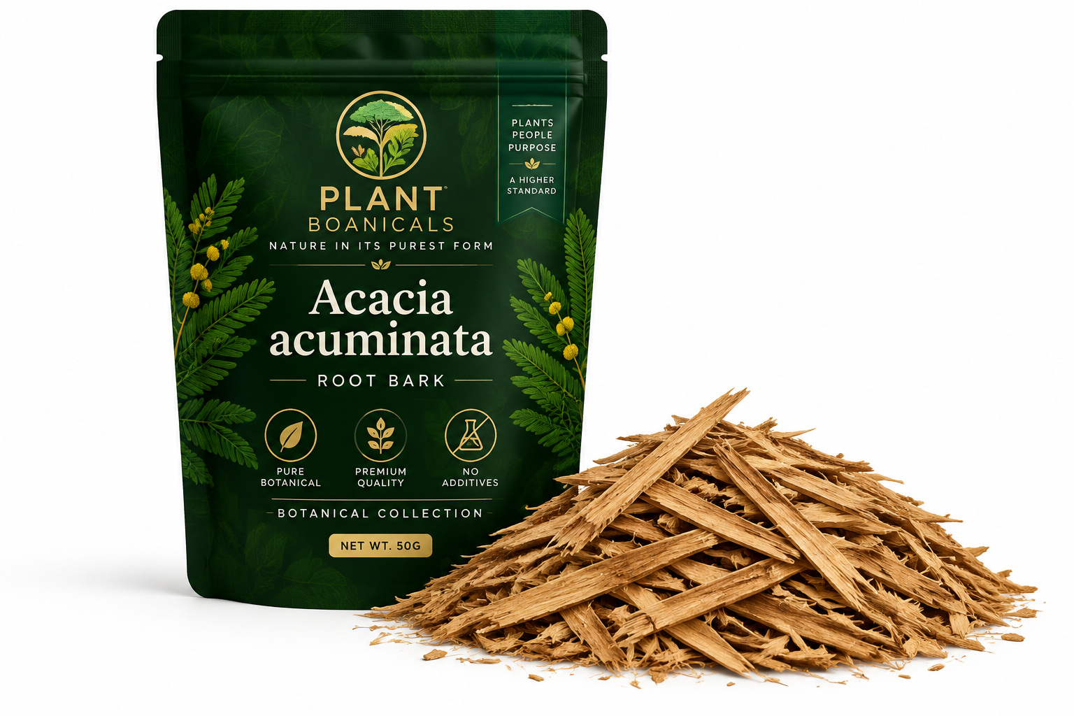 Plant Boanicals Acacia acuminata root bark botanical collection featuring premium forest green packaging and natural shredded root bark