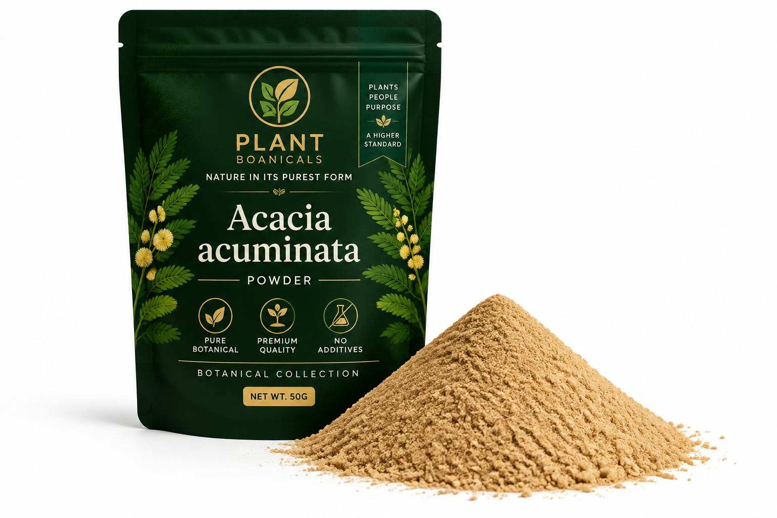 Plant Boanicals Acacia acuminata Powder botanical collection featuring premium forest green packaging and finely processed botanical powder