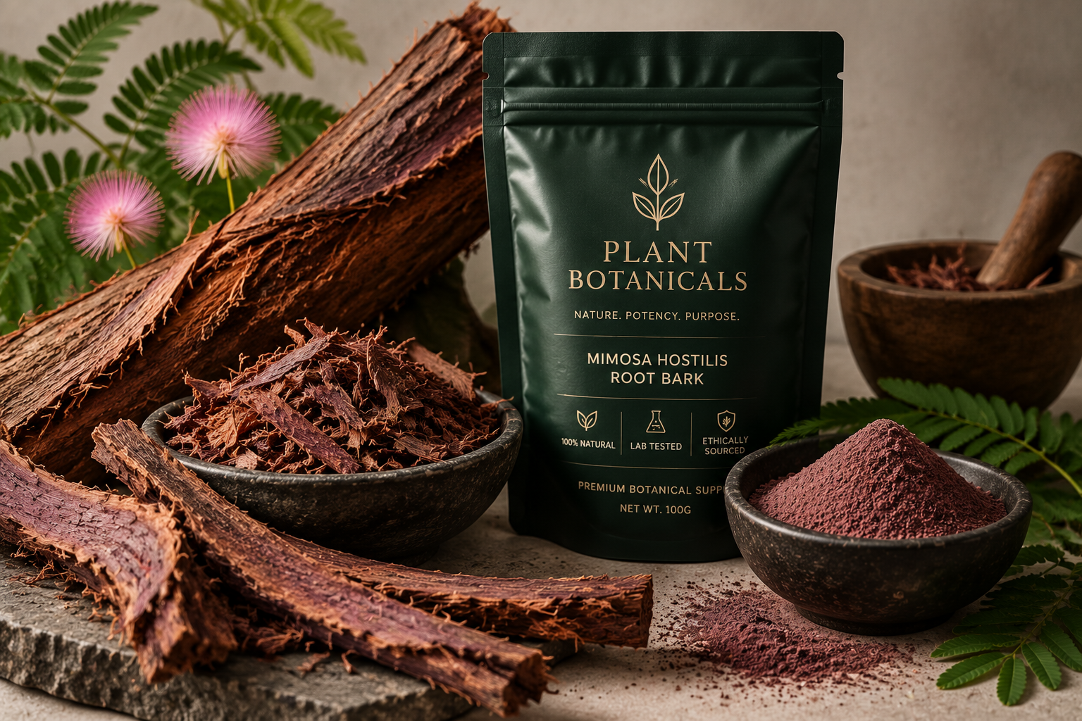 Mimosa hostilis root bark display with whole bark, shredded pieces and powder beside a labeled dark green pouch.