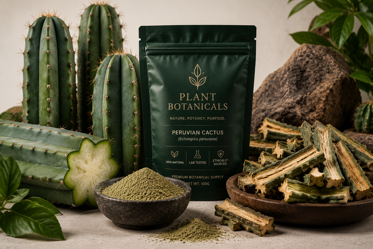 Peruvian cactus display with ribbed green stems, a labeled dark green pouch, a bowl of green powder and dried pieces.