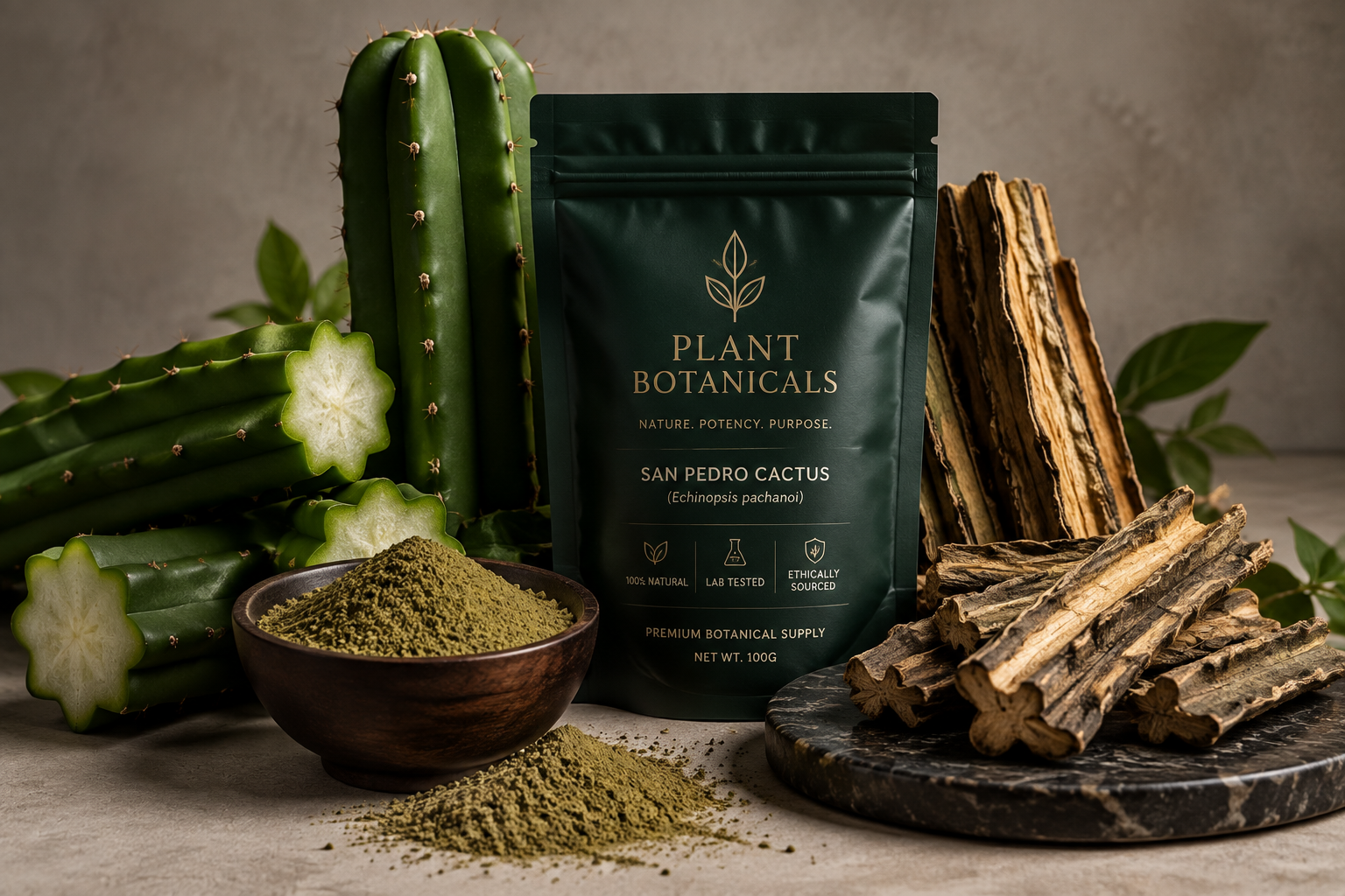 San Pedro cactus stems beside a dark green labeled pouch, a bowl of green powder and dried botanical pieces.